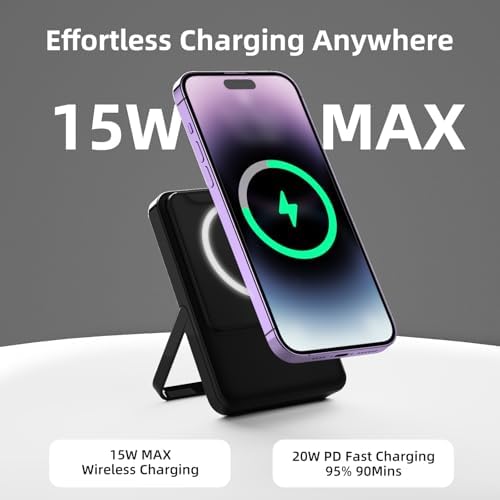Revolutionary 3-in-1 Magnetic Power Bank with 5000 m Ah Capacity – Wireless Charging, Type-C Input/Output, and Integrated Kickstand for i Phone 15/14/13/12 Series & More – Ultimate Portable Battery Solution for Effortless Connectivity and Convenience