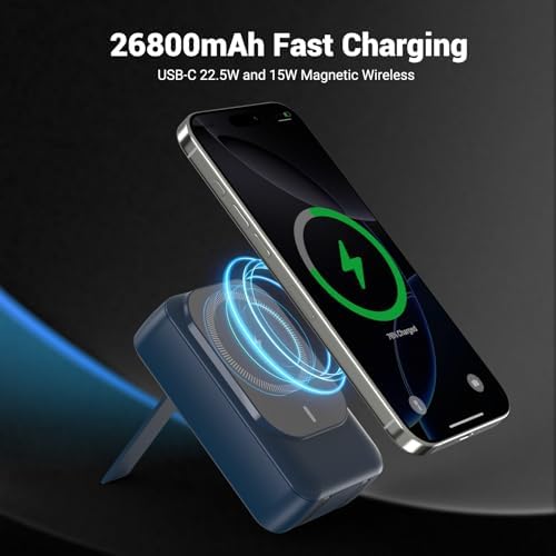 26800 m Ah Magnetic Wireless Power Bank with PD 22.5 W Fast Charging – Multi-Device Portable Charger for i Phone 16/15/14/13/12 Series – Built-in Cables, Kickstand, LED Power Indicator – Universal Compatibility for Smartphones and Tablets – Safe, Efficient Charging Solution in Sleek White Finish