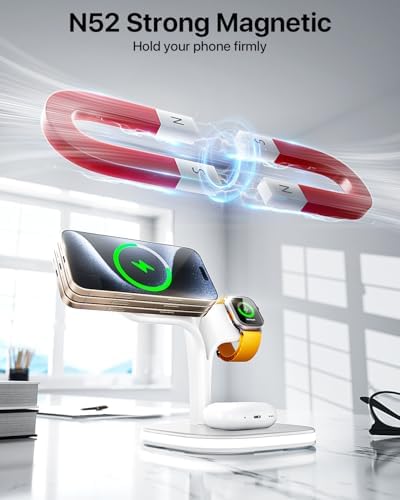 Revolutionary EXW Multi-Device Wireless Charging Hub: High-Performance Mag Safe Charger for i Phone 16/15/14/13/12, Apple Watch Series 1-9, and Air Pods – Sleek Black Finish with LED Charging Indicator & Complimentary Adapter for Effortless Device Management