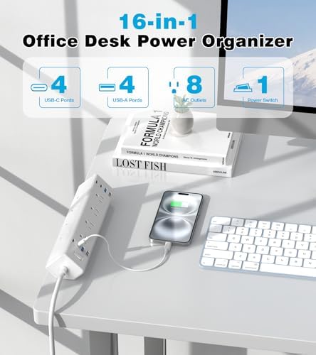 40 W High-Speed Desk Clamp Power Strip with 4 USB-C Ports & 8 AC Outlets – Efficient Surge Protector for Home Office – 14 AWG Heavy Duty Cord, Fits 1.9″ Tabletop Edges, 6 Ft Cable for Maximum Flexibility and Enhanced Device Compatibility