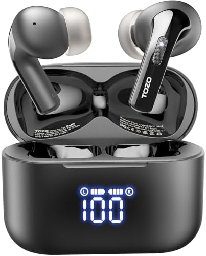 TOZO T20 Wireless Earbuds – Ultimate 48.5 Hour Playtime, IPX8 Waterproof Design for All-Weather Use, Dual Microphone Noise Cancellation for Clear Calls, 10 mm Speakers Delivering Rich Audio, Advanced 2025 Bluetooth Connectivity with Real-Time LED Battery Display