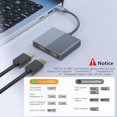 Enhance Your Visual Experience with the USB C to Dual HDMI Adapter – Effortlessly Connect Dual Monitors to Dell, HP & Mac Book for Unmatched Productivity | 4 K HDMI Splitter for Gamers & Professionals | Compact Plug and Play USB C Hub for Travel & Office Use | Elevate Multitasking with Stunning 60 Hz Visuals