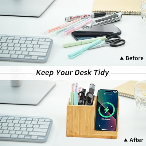 Eco-Friendly Bamboo Desk Organizer with 10 W Wireless Charging Station – Fast Charging and Stylish Pen Holder for i Phone & Samsung Devices, Perfect Home Office Accessory for Enhanced Productivity and Clutter-Free Workspace