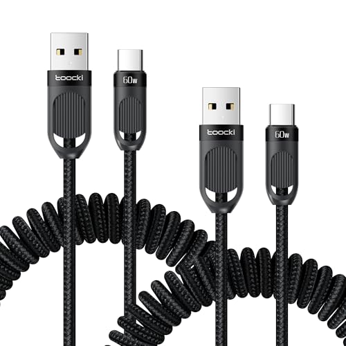 Coiled USB A to USB C 2Pack 3FT Braided Retractable Fast Charging Cable for Car, Compatible with iPhone 16/15 Pro Max/Galaxy S24/S23/S22, Supports Car Play & Android Auto-Black – Enhanced Compatibility and Speed