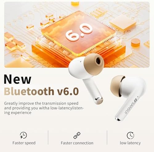 SANSUI Bluetooth 6.0 Earbuds with Active Noise Cancelling – IPX4 Waterproof Stereo Headphones Offering 20-Hour Playtime & Deep Bass for Ultimate Listening Freedom in Khaki White
