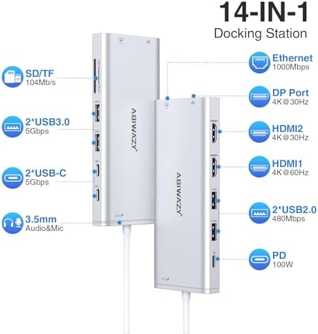 Transform Your Workspace with the Ultimate 14-in-1 USB-C Docking Station – Elevate Productivity with Dual Monitor Support, 2 HDMI & Display Port Outputs, 7 Versatile USB Ports, Stable Ethernet Connectivity, and Audio Output – Ideal for Dell, HP, Lenovo Think Pad & Surface Laptops – Sleek Silver Design for Professional Environments