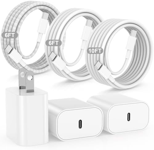 Rapid Charge 3-Pack USB-C Fast Charger Kit for i Phone 15 & 16 Pro Max – 20 W Power Blocks with Robust 6 ft & 10 ft Braided Cables – Ultra-Fast Charging Solution for i Pad Pro 13/12.9 – Sleek, Portable Wall Charger for Everyday Convenience