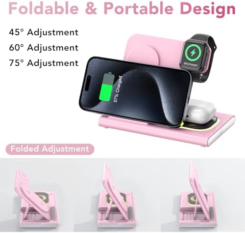 Ultra-Convenient 3-in-1 Foldable Wireless Charging Dock for Apple Devices – Rapid Power-Up Station for i Phone 16/15/14/13/12/11/X/XS, Apple Watch Series 10/9/8/7/Ultra2/Ultra/SE, and Air Pods Pro/2/3/4 – Lightweight Travel Charger with Integrated LED Light for Enhanced Portability and Efficiency