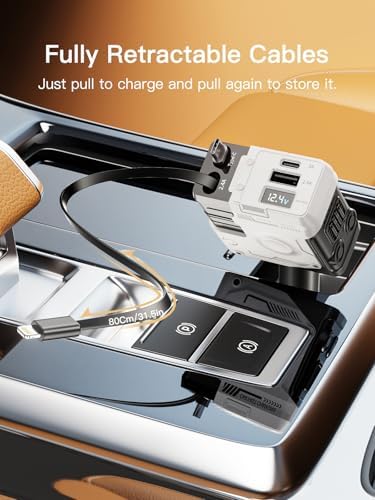 Ultimate 69 W Retractable 4-in-1 Fast Car Charger for i Phone 12-16 | Sleek White Design, Multi-Device Compatibility, Ideal Valentine’s Gift for Tech Lovers | Efficient, Tidy, and Safe Charging on the Go