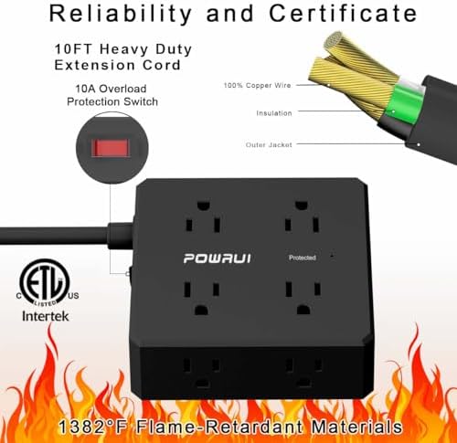 Maximize Your Power Management with a 6 Ft Surge Protector Power Strip – 8 Outlet Extension Cord Featuring 4 Fast USB Charging Ports (1 USB-C), Ideal for Home Office Convenience and Safety, ETL Listed for Enhanced Surge Protection and Compatibility