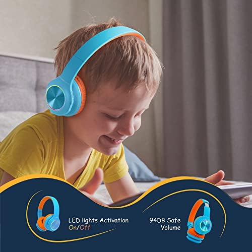 Vibrant Power Locus PLED Kids Bluetooth Headphones – Safe Volume Control (74/85/94 d B), Fun LED Lights, Hi-Fi Sound, Built-in Microphone & Multi-Connectivity for Travel, Learning & Play – Perfect Over-Ear Design for Children