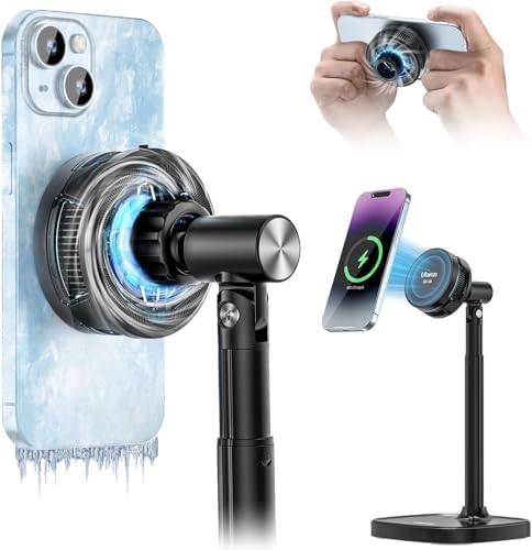 ULANZI SK-10 3 in 1 Magnetic Cell Phone Stand with Cooling Fan and Wireless Charger for iPhone, Height Adjustable Phone Desk Holder Semiconductor Cooling Fan for Live Streaming Gaming Phone Cooler – Enhanced Compatibility and Speed