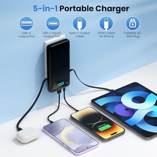 Upgrade Your Charging Experience: 13800 m Ah Portable Power Bank with Built-in Cables and Wall Plug – Fast Charging USB-C Battery Pack for i Phone 16/15/14, Samsung & Android Devices – Ultimate Travel Companion with 4 Outputs for Simultaneous Device Charging