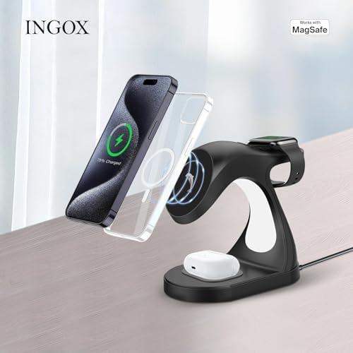 Revitalize Your Charging Routine with the 4-in-1 Magnetic Wireless Charging Station – Fast Charge Dock for i Phone 16/15/14/13/12 Pro/Max/Plus/Mini, Air Pods Pro/3/2, and Apple Watch Series 9/8/7/6/SE/5/4/3 in Elegant Black Dolphin Finish – Space-Saving Multi-Device Charger with 20 W Power Output and Safety Features for Effortless Use