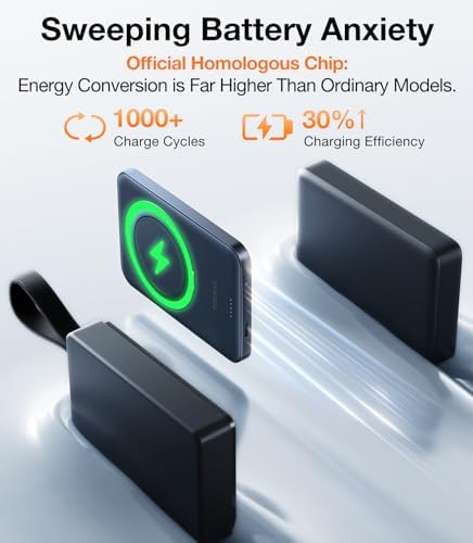 TORRAS 5,000 m Ah Magnetic Power Bank with Integrated Stand – Ultra-Slim Wireless Charger for i Phone 15 Series & Samsung Galaxy S24 Ultra – Fast Charging Convenience for On-the-Go Power Needs – Lightweight & Durable Design for Effortless Portability