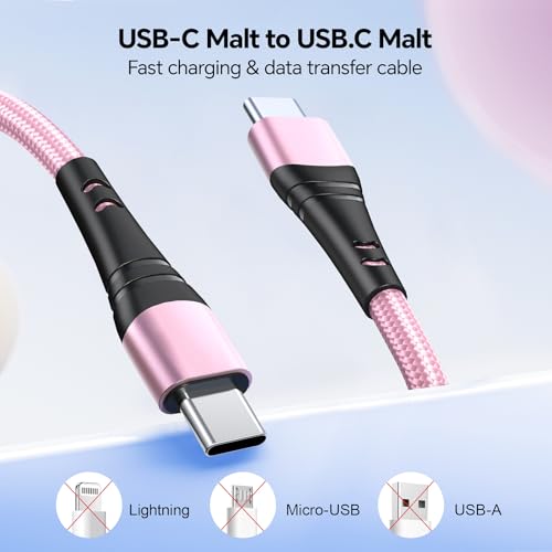 Premium 10 FT USB C to USB C Charger Cable – Dual Pack 100 W Fast Charging, Nylon Braided Design for i Phone 16 Series, Mac Book, and Samsung Galaxy S24 – Stylish Pink Color for Enhanced Durability and Flexibility