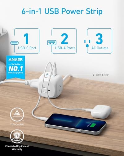 Anker 321 Power Strip: 20 W USB-C Fast Charger, 3 AC Outlets, 5 ft Extension Cord for i Phone 15 Series – Ideal Power Solution for Dorm Rooms & Home Offices with Enhanced Surge Protection and Efficient Power Delivery
