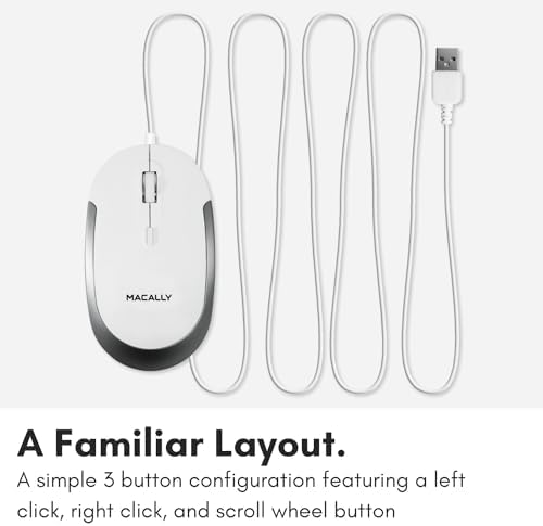 Sleek Silent Wired Computer Mouse for Mac & PC – Macally Ergonomic USB Optical Mouse with Adjustable DPI for Ultimate Precision – Compact, Lightweight Design Ideal for Office & Travel – Noise-Free Clicks for Distraction-Free Work Sessions