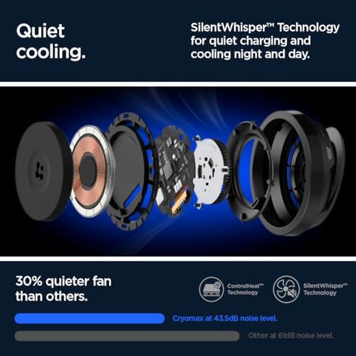 Experience next-level charging with the Spigen One Tap Pro 3 Cryomax (Mag Fit) Qi2 Wireless Charger, featuring a powerful 15 W output and advanced cooling technology. This sleek black Mag Safe compatible charging stand is tailored for i Phone models 12 through 16, ensuring effortless alignment and secure attachment. Engineered for efficiency, it boasts an integrated cooling fan to prevent overheating during rapid charge cycles, extending your device’s lifespan. The innovative sleep-friendly light provides a gentle glow for unobtrusive night charging, making it ideal for bedrooms or offices. Elevate your tech setup with this high-quality, durable accessory, designed for both style and functionality. Enjoy peace of mind with enhanced compatibility and rapid power delivery, all while maintaining optimal device temperature. Transform your charging routine with the Spigen One Tap Pro 3 Cryomax, where performance meets convenience.