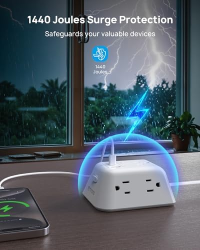 Ultimate Desk Clamp Power Strip: 5 AC Outlets & 3 USB Fast Charging Ports, Mountable Surge Protector for Home Office & Gaming, Fits 1.97″ Thick Table Edges, 6 FT Flexible Extension Cord, Enhance Productivity & Organize Your Workspace