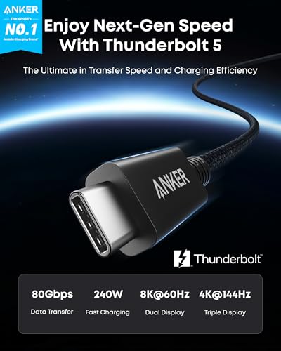 Anker Prime Thunderbolt 5 Cable – 1.7 FT USB-C to USB-C – 240 W Rapid Charging & 80 Gbps Data Transfer – Supports 8 K/4 K Displays & 120 Gbps Bandwidth – Thunderbolt 5 Certified for Ultimate Device Compatibility – Ideal for i Phone 16, Mac Book & More