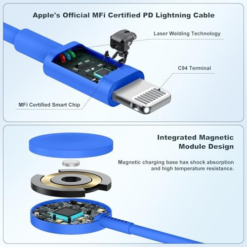 Revolutionary 2-in-1 USB C Charger for i Phone and Apple Watch – 6 ft Magnetic Fast Charge Cable with 20 W Power Adapter – Stylish Blue Design for Optimal Portability and Efficiency
