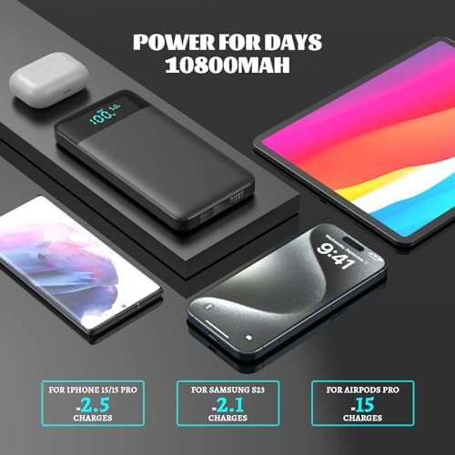 Ultra Slim 10800 m Ah Portable Charger with LCD Display – Fast Charging Power Bank with 20 W PD USB-C Output, Ideal for i Phone 15, 14 & Samsung Android – Compact Power Solution for On-the-Go Charging