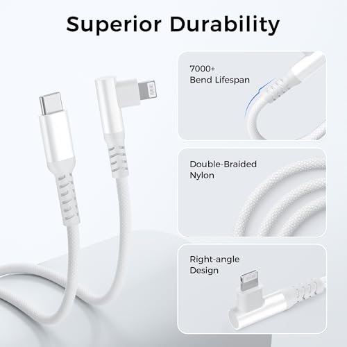 Basesailor 10 FT Right Angle i Phone Charger Cable – 90-Degree USB-C to Lightning Cord with USB A Adapter for Fast Charging – Perfect Compatibility with i Phone 14, 13 Pro Max, 12, 11, XS, XR, X, 8, 7, 6 Plus, 5 SE & i Pad 8, 9 – Enhanced Durability for Seamless Multitasking & Convenient Use