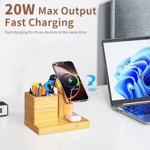 Eco-Friendly 4-in-1 Wireless Charging Dock with Pen Holder – Premium Bamboo Mag Safe Station for i Phone 12-16 Pro, Air Pods & Apple Watch – Fast Charging Solution for Home & Office, Perfect Gift for Tech Enthusiasts
