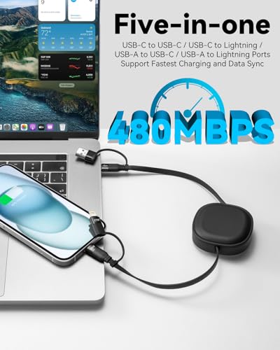 Versatile 5 in 1 Retractable Charging Cable Pack – 60 W USB C to Lightning Fast Charge for i Phone 16/15/14 Pro Max, i Pad & Samsung S24/S23 – Ideal Multi Device Solution for Home & Travel with Enhanced Durability