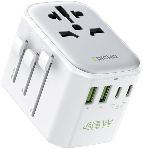 EPICKA Pulse Universal Travel Power Adapter – 45 W 5-Port Charger with Dual USB-C and USB-A for Effortless Fast Charging in Europe and Japan – Your Ultimate Travel Companion for Seamless Connectivity and Device Protection (Sleek Black Design)