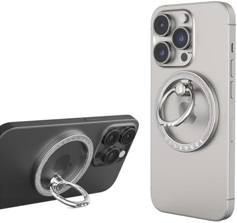 Allengel Bling Silver Magnetic Phone Grip – Stylish Mag Safe-Compatible Ring Holder & Kickstand for i Phone and Smartphones – 360-Degree Rotation, Secure Grip, and Elegant Design for Effortless Hands-Free Experience