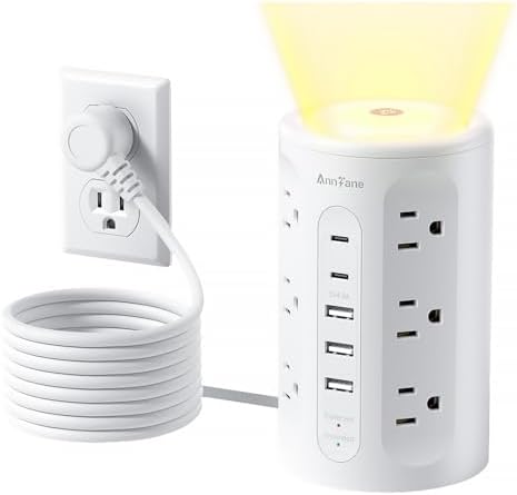 Smart Power Strip Tower with Integrated Night Light & Surge Protection – 10 FT Extension Cord Featuring 12 AC Outlets, 3 USB-A and 2 USB-C Ports for Home Office & Dorm Room Convenience – Sleek Black Design for Enhanced Versatility and Clutter-Free Organization