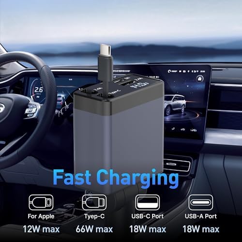 High-Performance 120 W Retractable Car Charger Adapter – Fast Charging Solution with 2.6 ft Cables, 180° Adjustable Design, and Real-Time Voltage Display for Ultimate Device Compatibility and Convenience