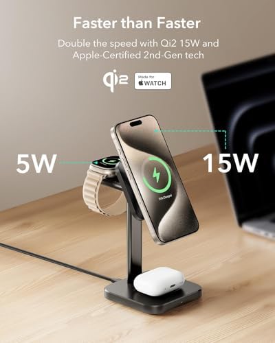 ESR Qi2 3-in-1 Wireless Charging Station – Fast 15 W Mag Safe Charger for i Phone 16/15/14/13, Certified Apple Watch & Air Pods Charger, Sleek White Design for Home or Office – Ultimate Multi-Device Charging Solution with Enhanced Compatibility and Speed