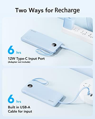 VRURC 10000 m Ah Portable Power Bank with Integrated Cables and LED Battery Indicator – Slim, Lightweight Travel Charger with Dual Input and Five Outputs for Effortless Device Charging – Ideal for Smartphones and Tech Gadgets – Stylish Blue Design (1 Pack) – Ultimate Convenience and Compatibility