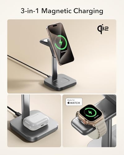 ESR Qi2 3-in-1 Wireless Charging Station – Fast 15 W Mag Safe Charger for i Phone 16/15/14/13, Certified Apple Watch & Air Pods Charger, Sleek White Design for Home or Office – Ultimate Multi-Device Charging Solution with Enhanced Compatibility and Speed