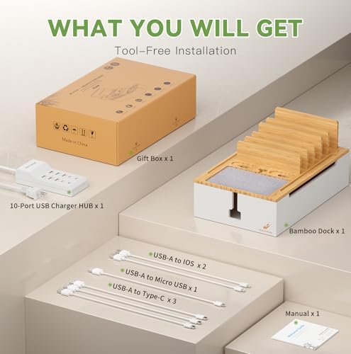 Pezin & Hulin Eco-Friendly Bamboo Charging Station – 10-Port USB Dock Organizer with 6 Cables, Enhanced Power Supply & Cable Management for Multi-Device Charging, Sleek Natural and Black Design for Homes and Offices