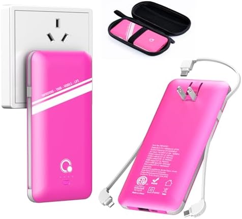 Sleek Pink 10000 m Ah Power Bank – Q Slim Portable Charger with Built-in AC Plug & Dual USB-C Cables for Rapid Charging – Four Output Ports for Universal Mobile Device Compatibility – Perfect for On-the-Go Power Solutions