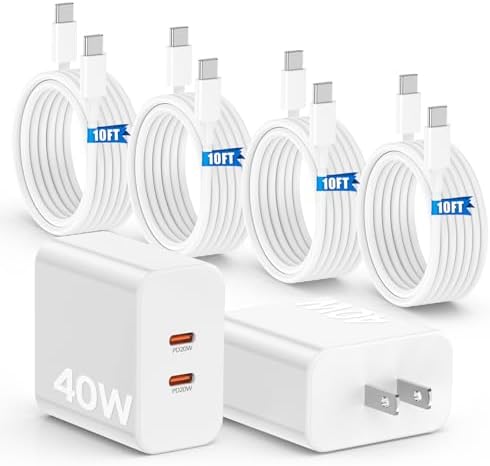 Ultra-Fast 40 W Dual-Port USB-C Charger with 4 Premium 6 FT Cables | Perfect for i Phone 16/15 Pro Max, i Pad Pro & Samsung S24 | Compact, Travel-Ready Design for Effortless Charging | Experience Rapid Power Delivery & Versatile Compatibility for All Devices