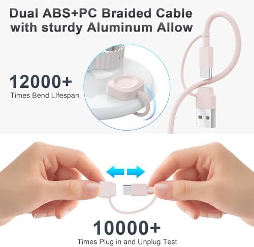 Universal 4-in-2 Travel Charging Cable – 6 FT Versatile Connector for Apple Watch, i Phone, Android Devices, i Pad & Air Pods – Stylish Pink Design for Effortless Portability – Fast Charging & Enhanced Compatibility for All Your Tech Needs – Essential Travel Accessory for Modern Device Users