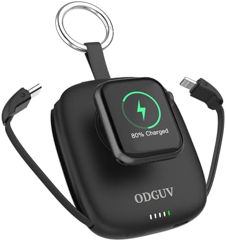 Compact 5000 m Ah Portable Charger with Built-in Cable – Keychain Power Bank for Apple Watch and i Phone – Fast Wireless Charging for Apple Watch 9/Ultra2/8/7/6/SE/5/4/3, Compatible with i Phone 15/14/13/12/11 & Android Devices – Ultimate Travel Accessory for On-the-Go Power