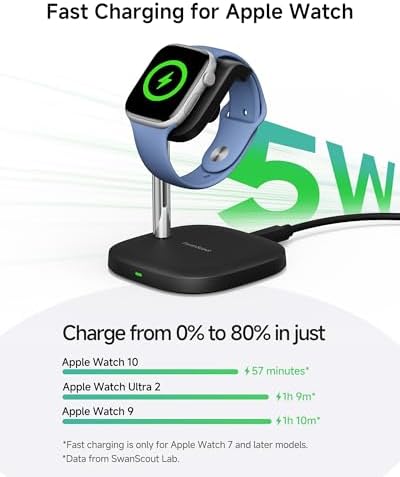 Swan Scout 505 A – Premium High-Speed Charging Dock for Apple Watch and Air Pods – Stylish, Space-Saving Stand Compatible with Series 10/Ultra 2/Ultra/9/8/7/6/5/4/3/SE 2 – Effortless Charging Solution for Home and Office, Ideal for Tech Enthusiasts and Professionals