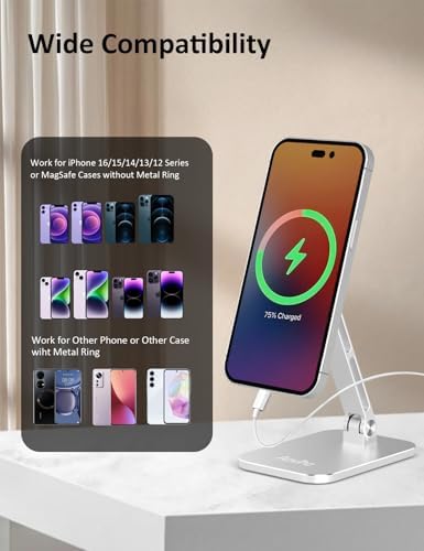 Magnetic Phone Stand for MagSafe Adjustable – Aluminum Portable Phone Holder for Desk with 360° Rotating Head Compatible with iPhone 16/15/14/13/12 Pro Max and Magnetic Phone Case, Silver – Enhanced Compatibility and Speed
