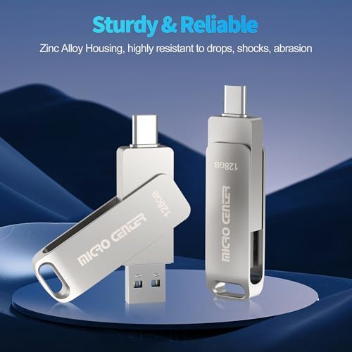 Unleash Your Storage Potential with the Micro Center 128 GB USB 3.2 Dual Drive – Fast 200 MB/s Transfer Speeds for Type-C & OTG Type-A Devices, Perfect for Android, Mac, and More – Sleek Swivel Metal Design for Ultimate Versatility and Durability