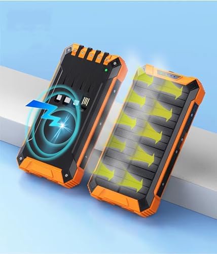 Ultimate Solar Power Bank – 10,000 m Ah Portable Charger with Fast Wireless Charging, 4 USB Ports, Built-in Cables, LED Flashlight & Carabiner – Waterproof Outdoor Essential for i Phone & Android Devices (Black/Red) – Empower Your Adventures!