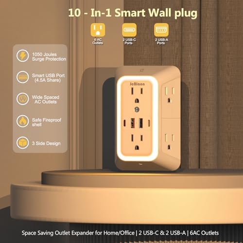 Enhanced 6-Outlet Wall Outlet Extender with Night Light & 4 USB Charging Ports – 1050 J Surge Protector for Home, Office, and Travel – Versatile Power Plug Adapter for Multiple Devices with Space-Saving Design
