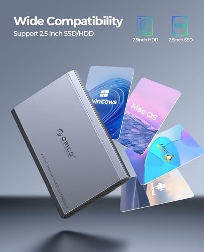 Elevate Your Data Storage with ORICO Aluminum USB C Hard Drive Enclosure – High-Speed 2.5 Inch SATA SSD/HDD Case for Enhanced Performance, Includes USB 3.2 Gen 2 Dual Connectivity Cable for Seamless Compatibility with mac OS, Windows, and Linux – Ideal Solution for Samsung, Crucial, and WD Drives