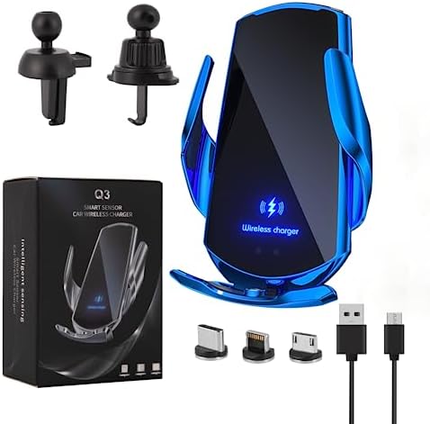 Effortless Wireless Car Charger Phone Mount – 15 W Fast Charging Auto-Clamping Holder for Android Smartphones in Sleek Blue – Ultimate Convenience, Enhanced Safety, and 360-Degree Viewing Flexibility for Modern Drivers