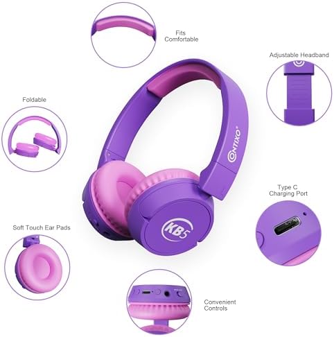 Contixo KB-5 Safe Listening Bluetooth Headphones for Kids – Foldable Over-Ear Design with 85 d B Volume Limiting – Stylish Pink & Blue Headphones for Comfortable Listening – Effortless Wireless Pairing with All Devices for Young Music Enthusiasts